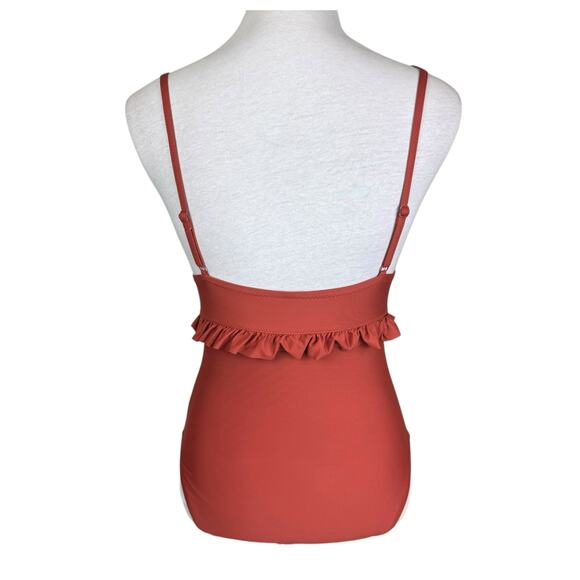 J. Crew Deep Orange Rust Ruffle Deep V One Piece Swimsuit - Picture 3 of 16